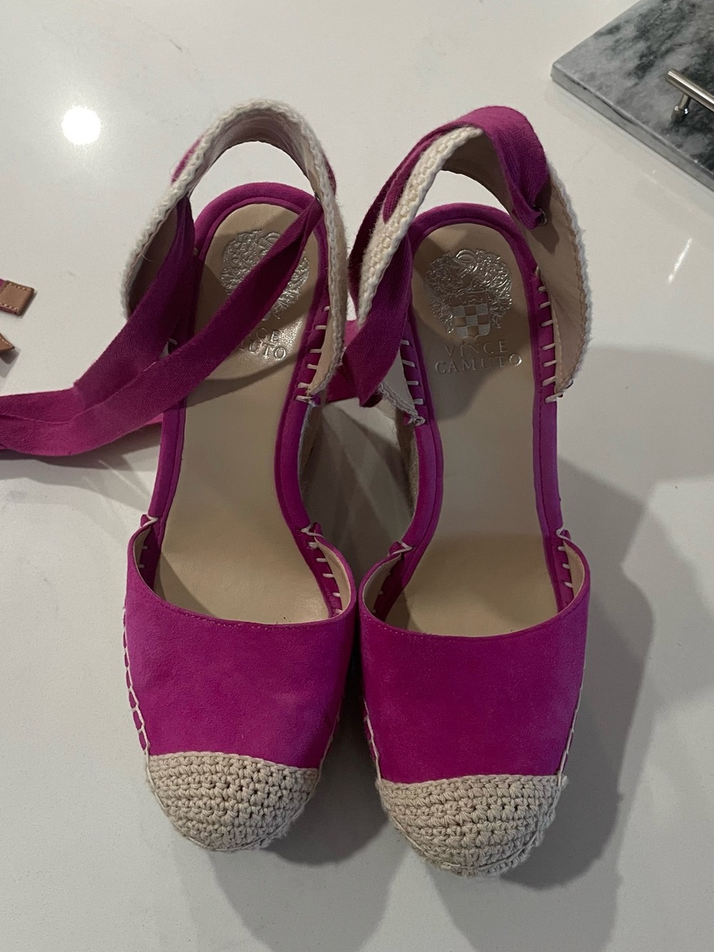 Vince Camuto Bright Fuchsia Espadrille Wedge Sandals with Cream Crochet Toe